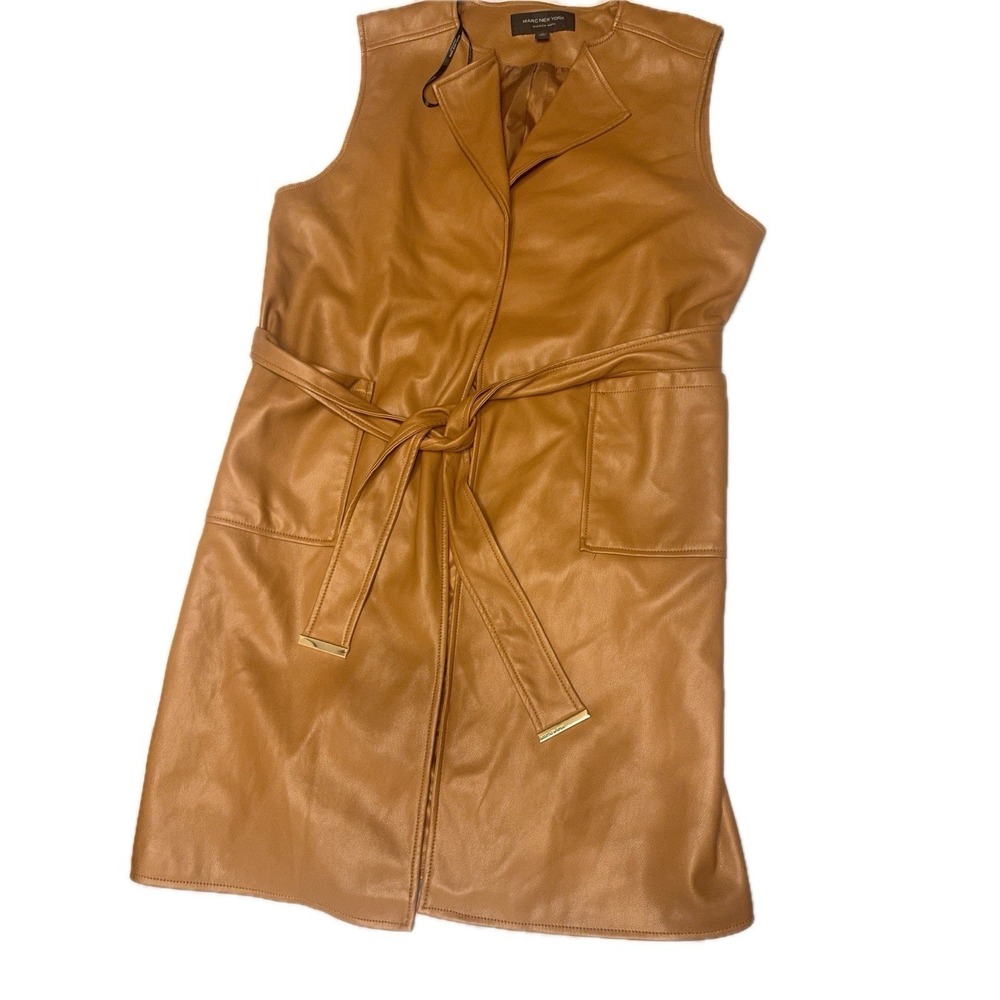 Marc New York Andrew Marc Faux Leather Vest Dress Camel Brown Belted M NWT - Picture 4 of 6